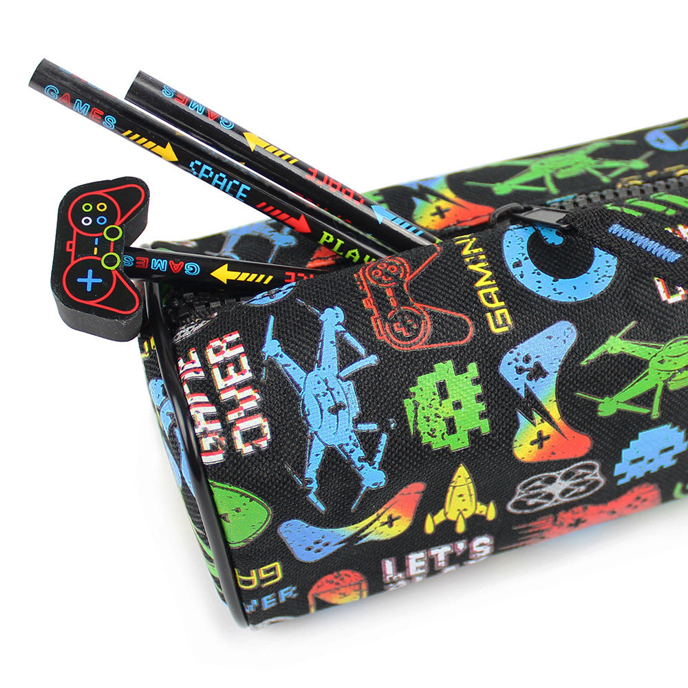 black gamer pencil case with stationery set