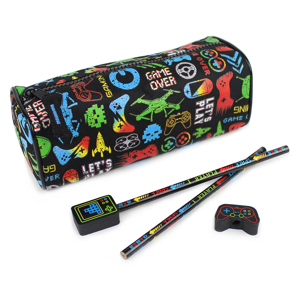 black gamer pencil case with stationery set