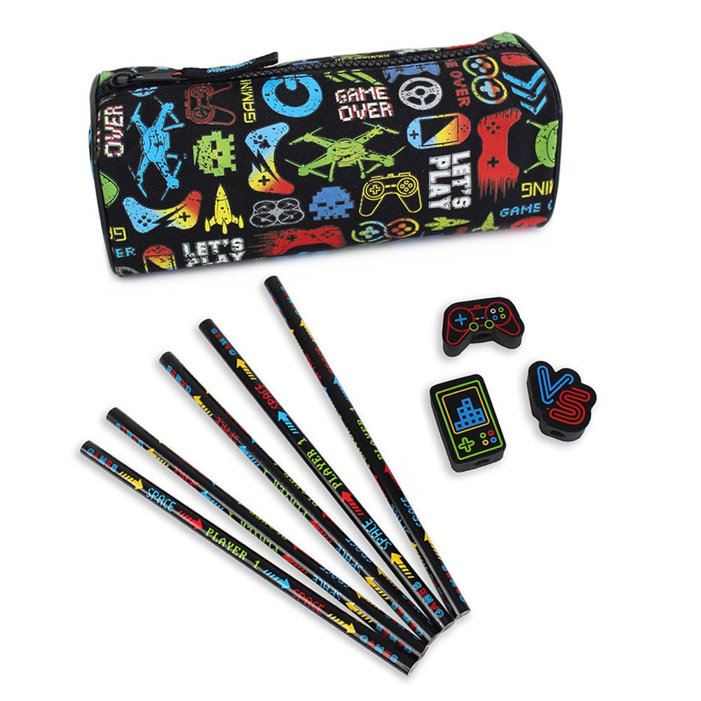 black gamer pencil case with stationery set