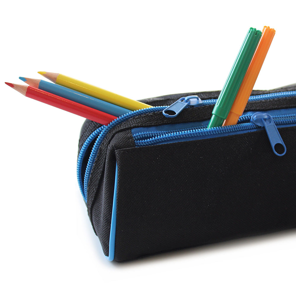 Black Pencil Case 2 Blue Zips Boys Girls