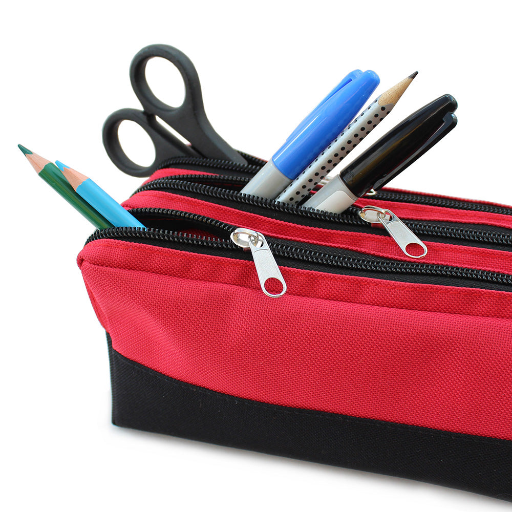 red black 3 zips large capacity pencil case boys girls