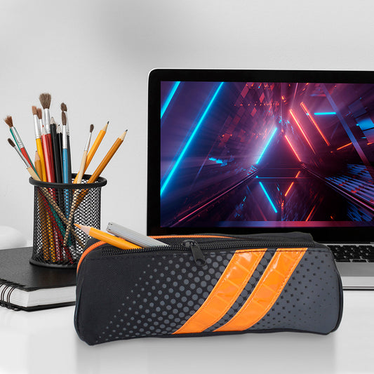 black pencil case reflective orange stripes boys teenagers