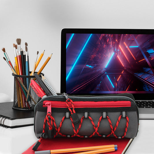 grey black pencil case red zips bungee boys girls teenagers