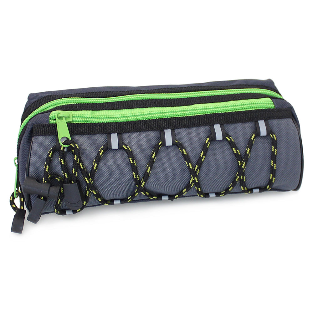 grey pencil case green 2 zips bungee cord boys girls