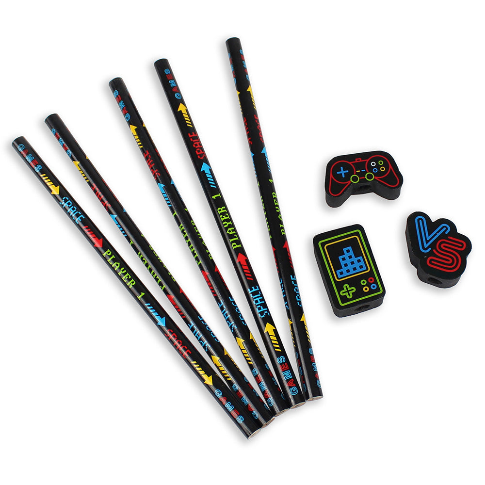black gamer pencil case with stationery set