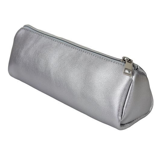 Slim thin pencil case for teenage girls in  silver and silver zipper, holds all school supplies 