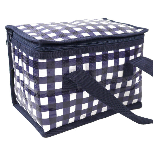 School Lunch Bag for Boys or a Picnic Lunch Box which is Foldable Insulated in a Blue and White Gingham Design 