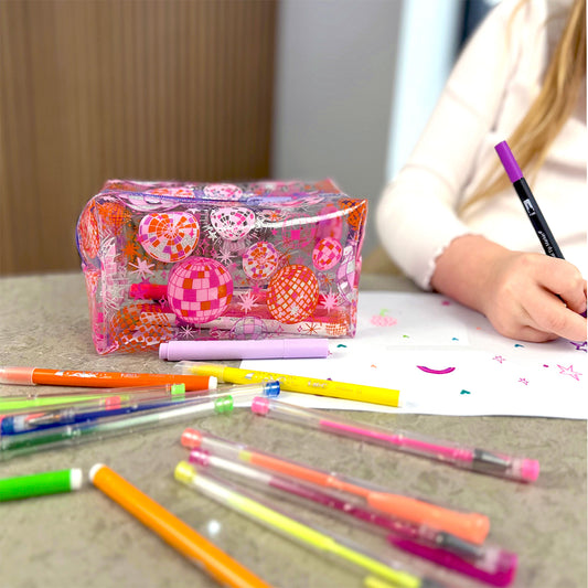 Large Clear Pencil case with pink and lilac Disco Balls school supplies for kids or girls 