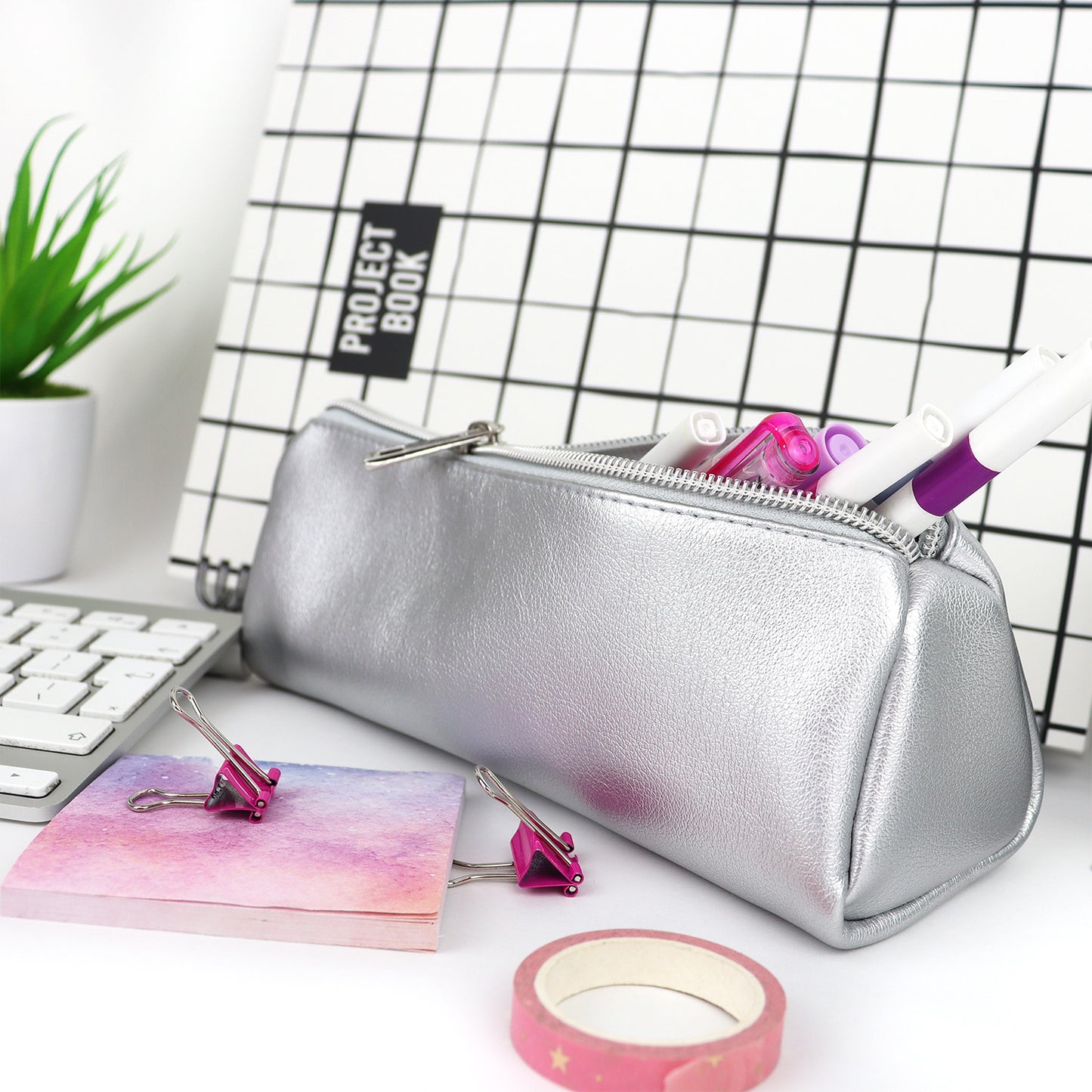 Slim thin pencil case for teenage girls in  silver and silver zipper, holds all school supplies 