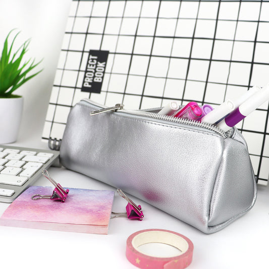 Slim thin pencil case for teenage girls in  silver and silver zipper, holds all school supplies 