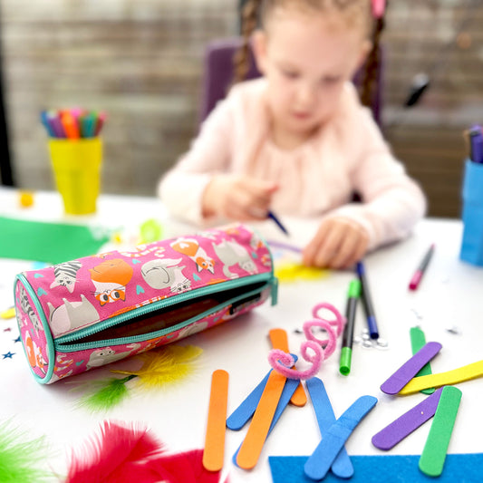 cats girls pencil case in pink one compartment kids drawing with pens