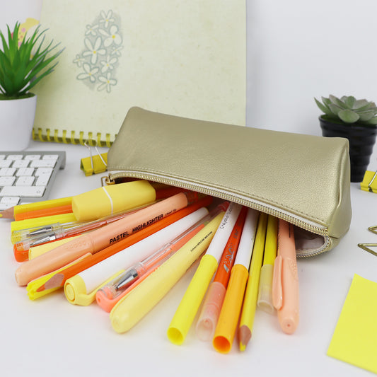Slim thin pencil case for teenage girls in gold and gold zipper, holds all school supplies 