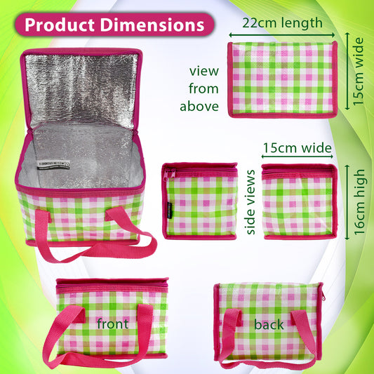 School Lunch Bag for Girls or a Picnic Foldable  Insulated Pink and Lime Green Gingham Design 22 x 15 x 16cm 