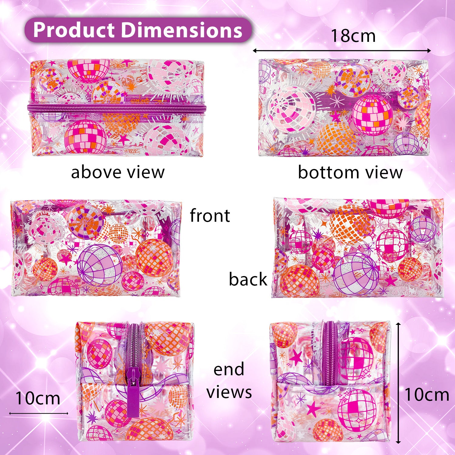 Large Clear Pencil case with pink and lilac Disco Balls school supplies for kids or girls - size 18 x 10 x 10 cm