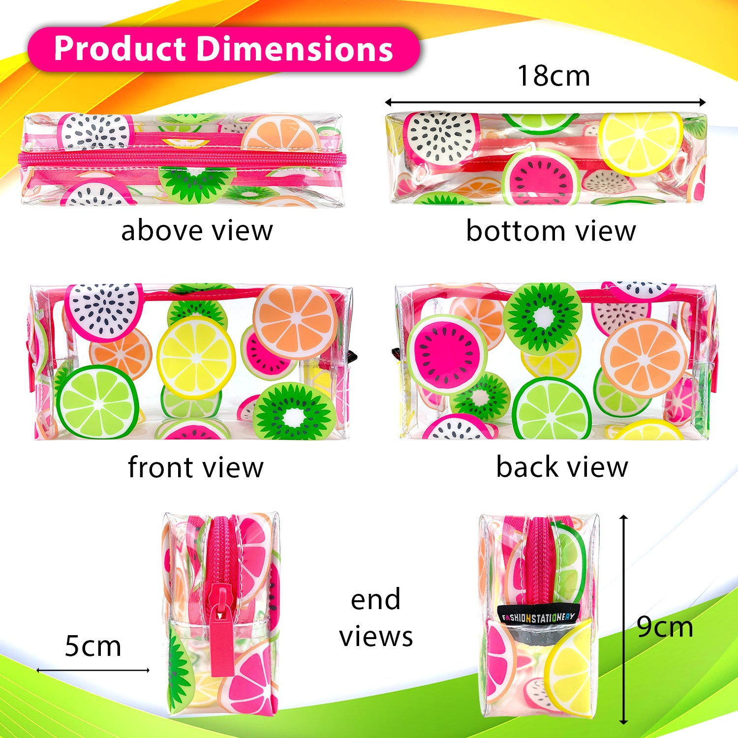 Girls Pencil Case for School Clear  PVC with Colourful Fruit Slices - Size 18 x 9  5 cm