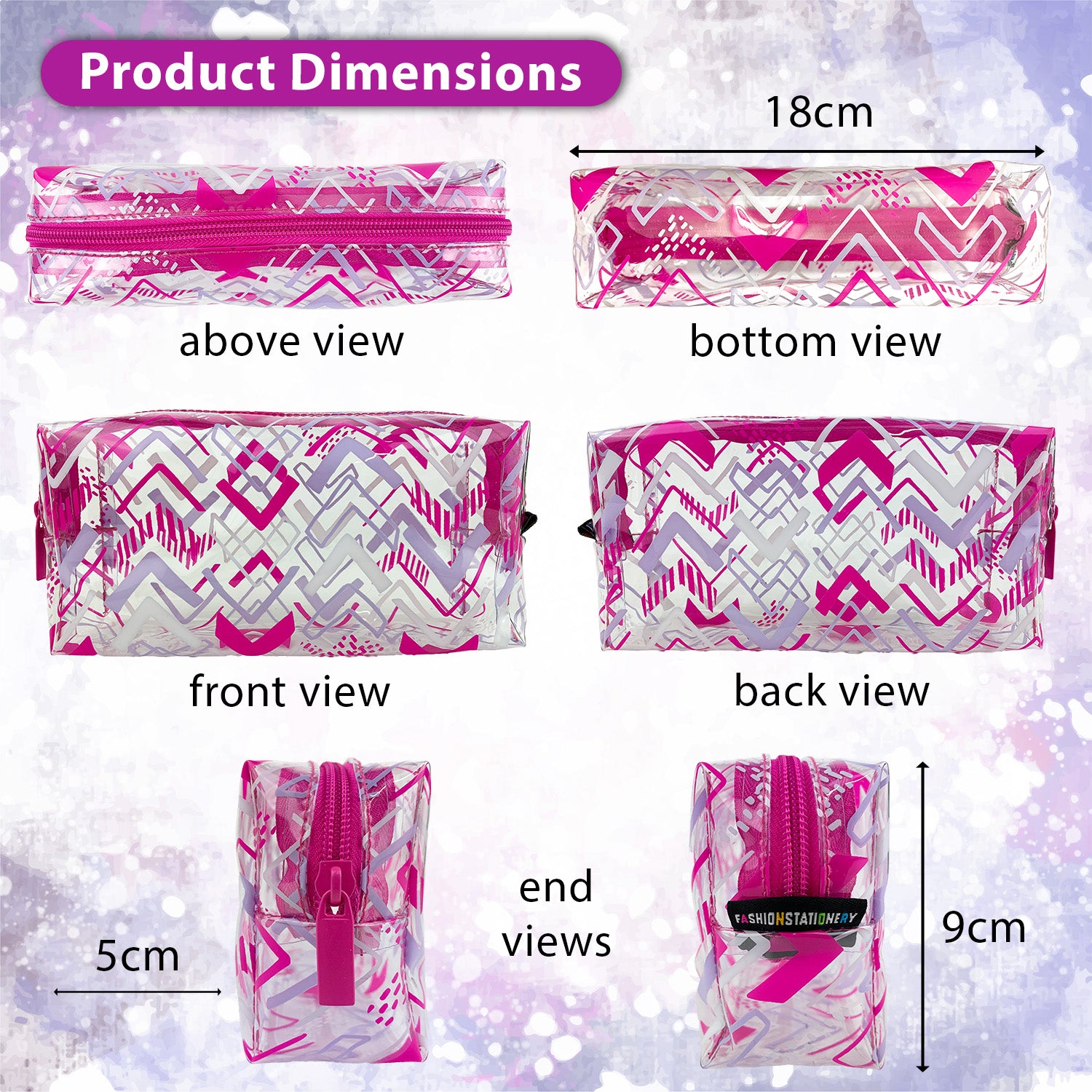 Small Pink Pencil Case for girls clear pvc school stationery storage case - Size 18 x 9 x 5cm