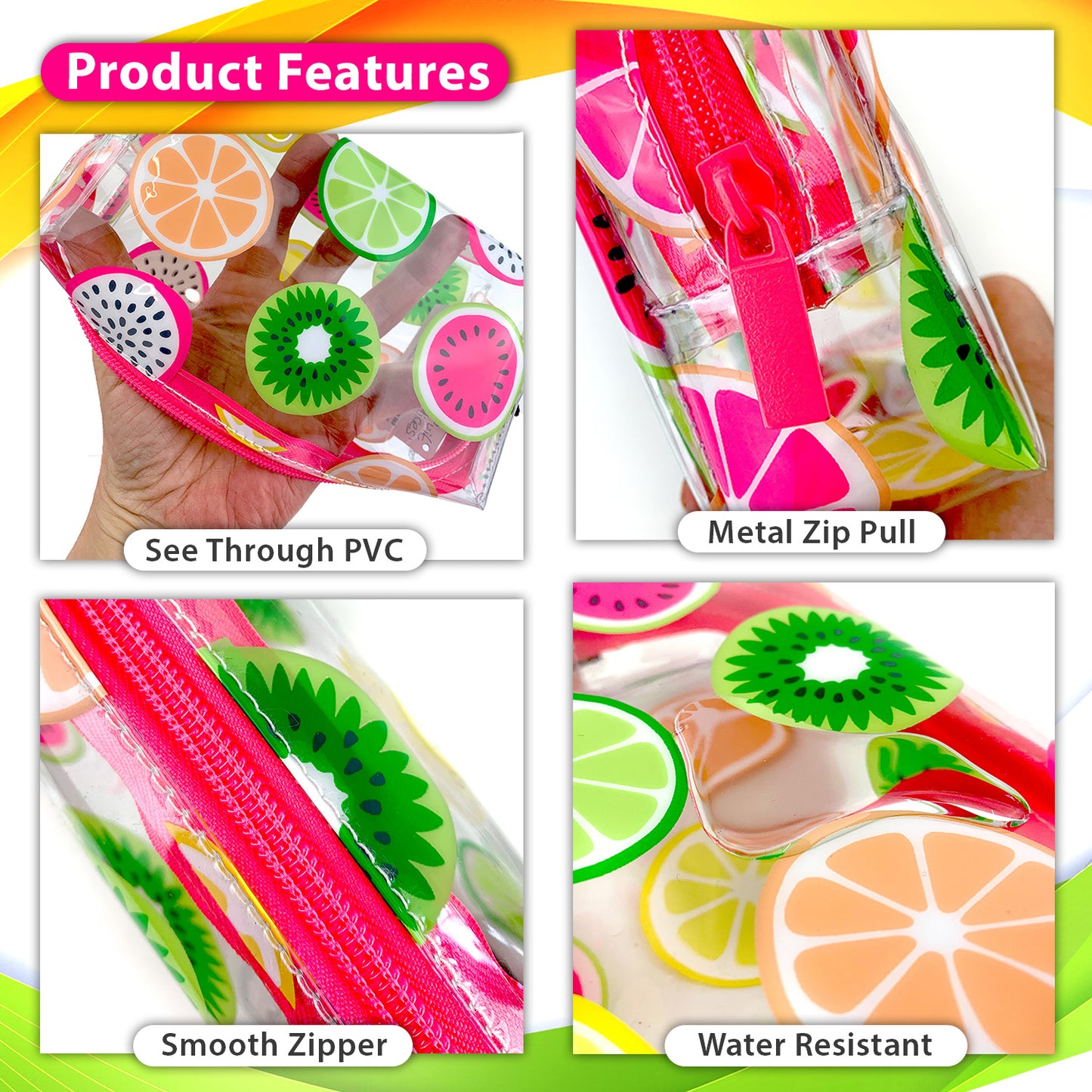Girls Pencil Case for School Clear  PVC with Colourful Fruit Slices 