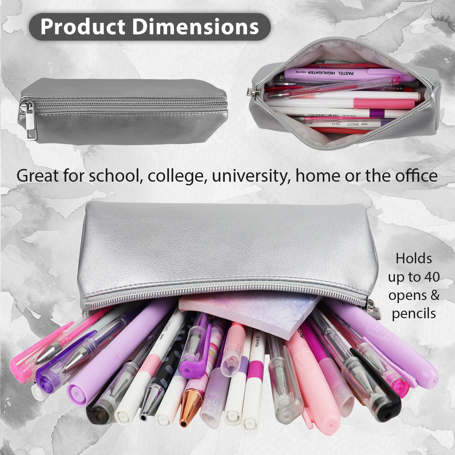 Slim thin pencil case for teenage girls in  silver and silver zipper, holds all school supplies 
