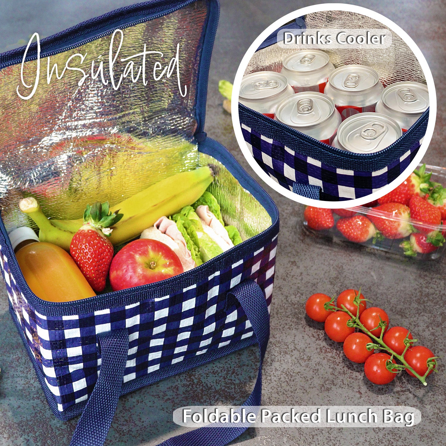 School Lunch Bag for Boys or a Picnic Lunch Box which is Foldable Insulated Cooler Bag in a Blue and White Gingham Design 