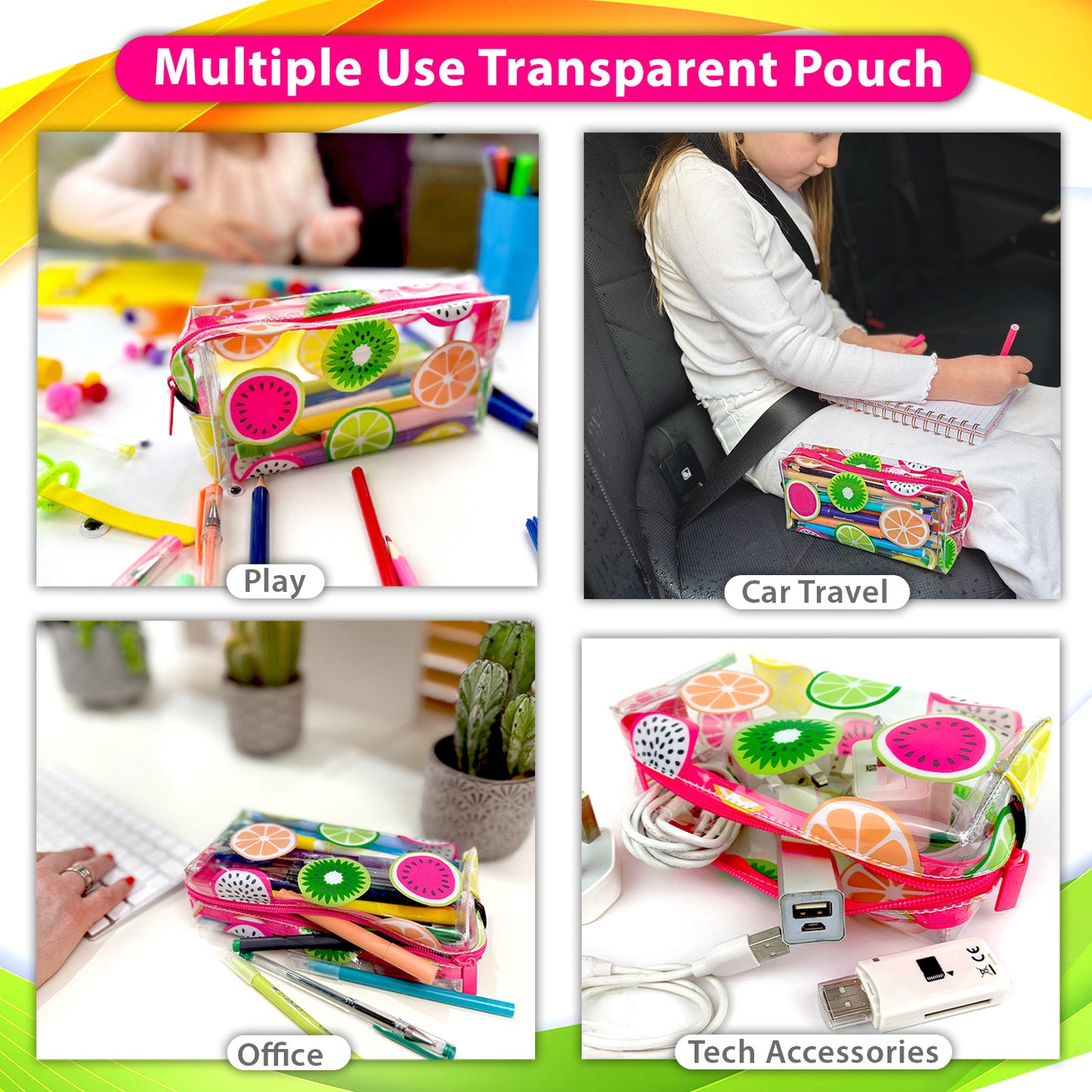 Girls Pencil Case for School Clear  PVC with Colourful Fruit Slices with Pink Zip - Multiple uses 