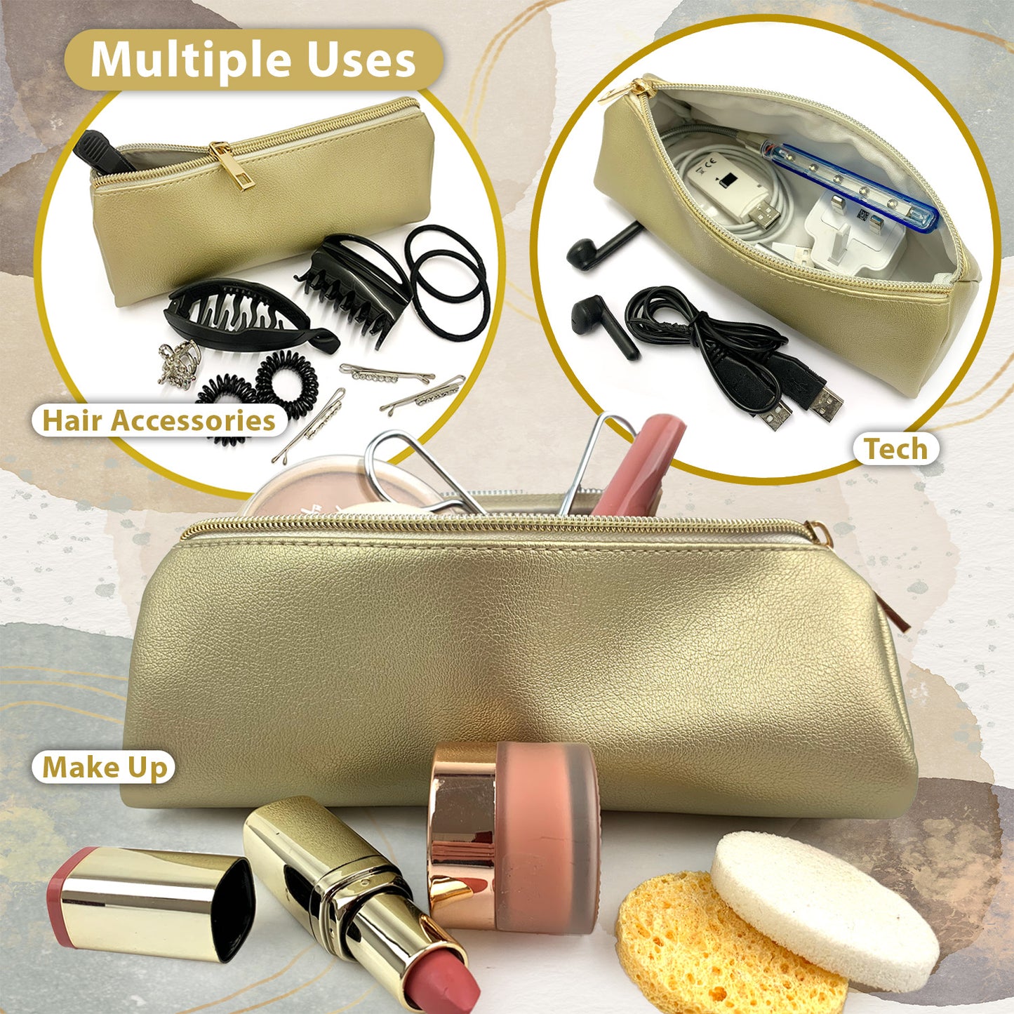 Slim thin pencil case for teenage girls in gold and gold zipper, holds all school supplies 
