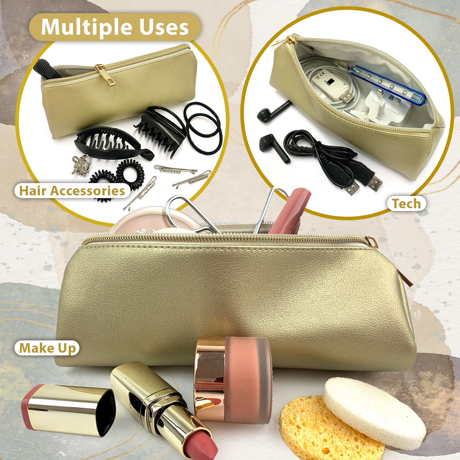 Slim thin pencil case for teenage girls in gold and gold zipper, holds all school supplies 