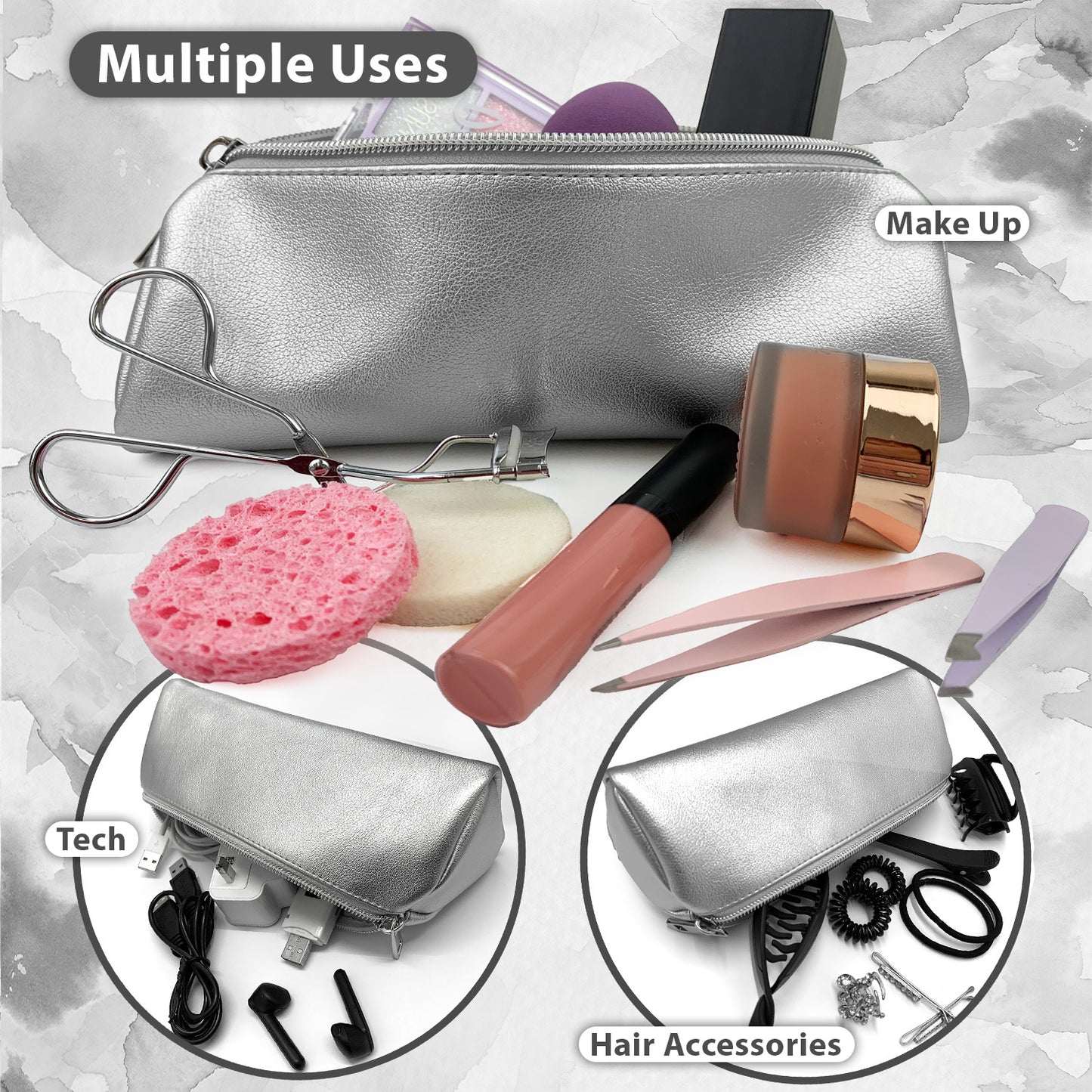 Slim thin pencil case for teenage girls in  silver and silver zipper, holds all school supplies 