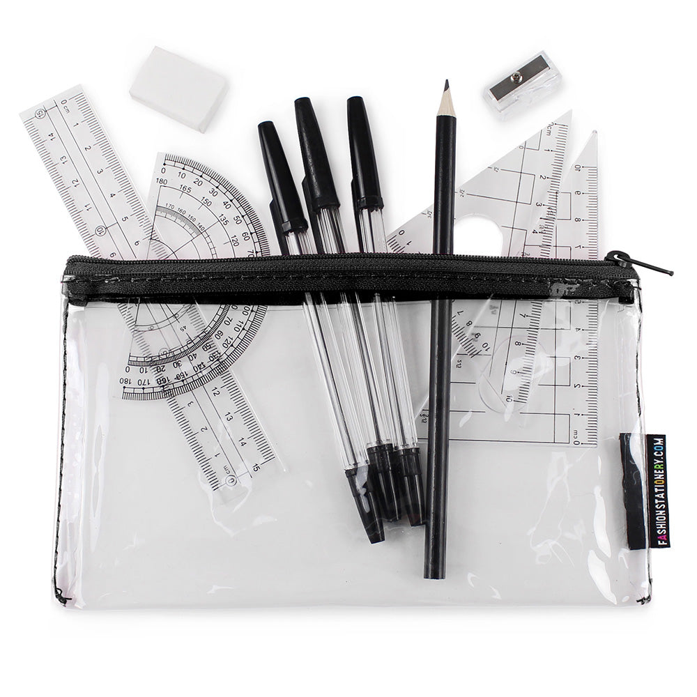 small clear exam pencil case and geometry set