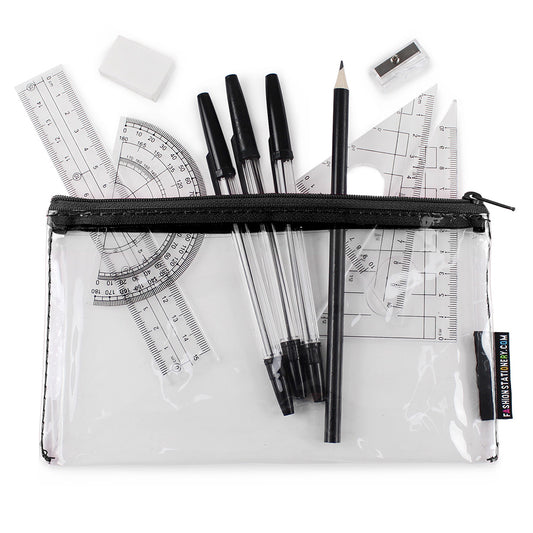 small clear exam pencil case and geometry set