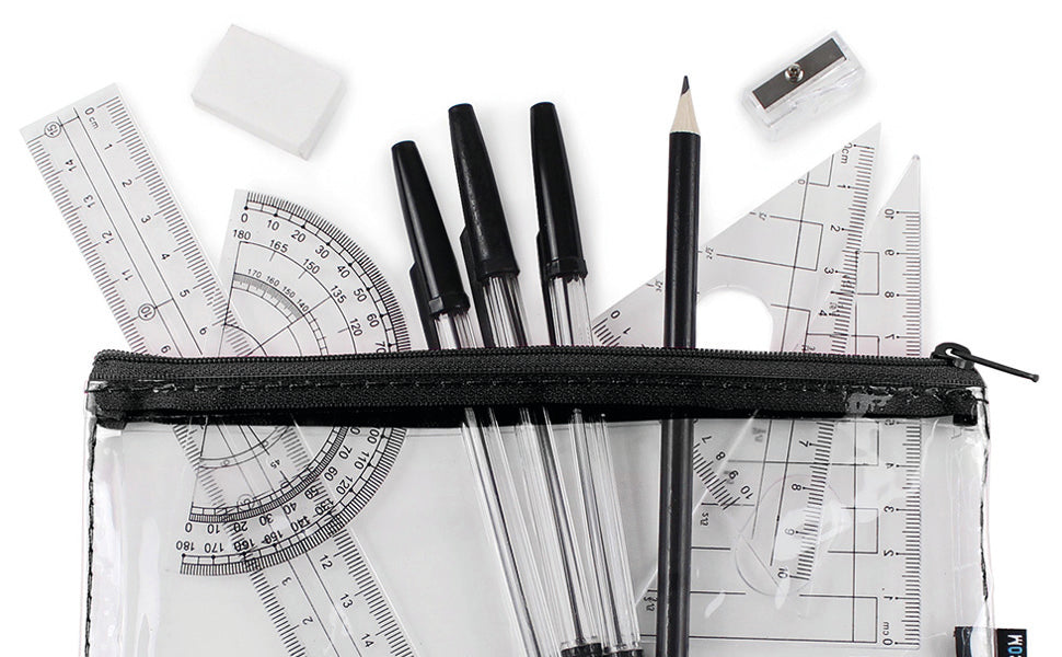 small clear exam pencil case and geometry set