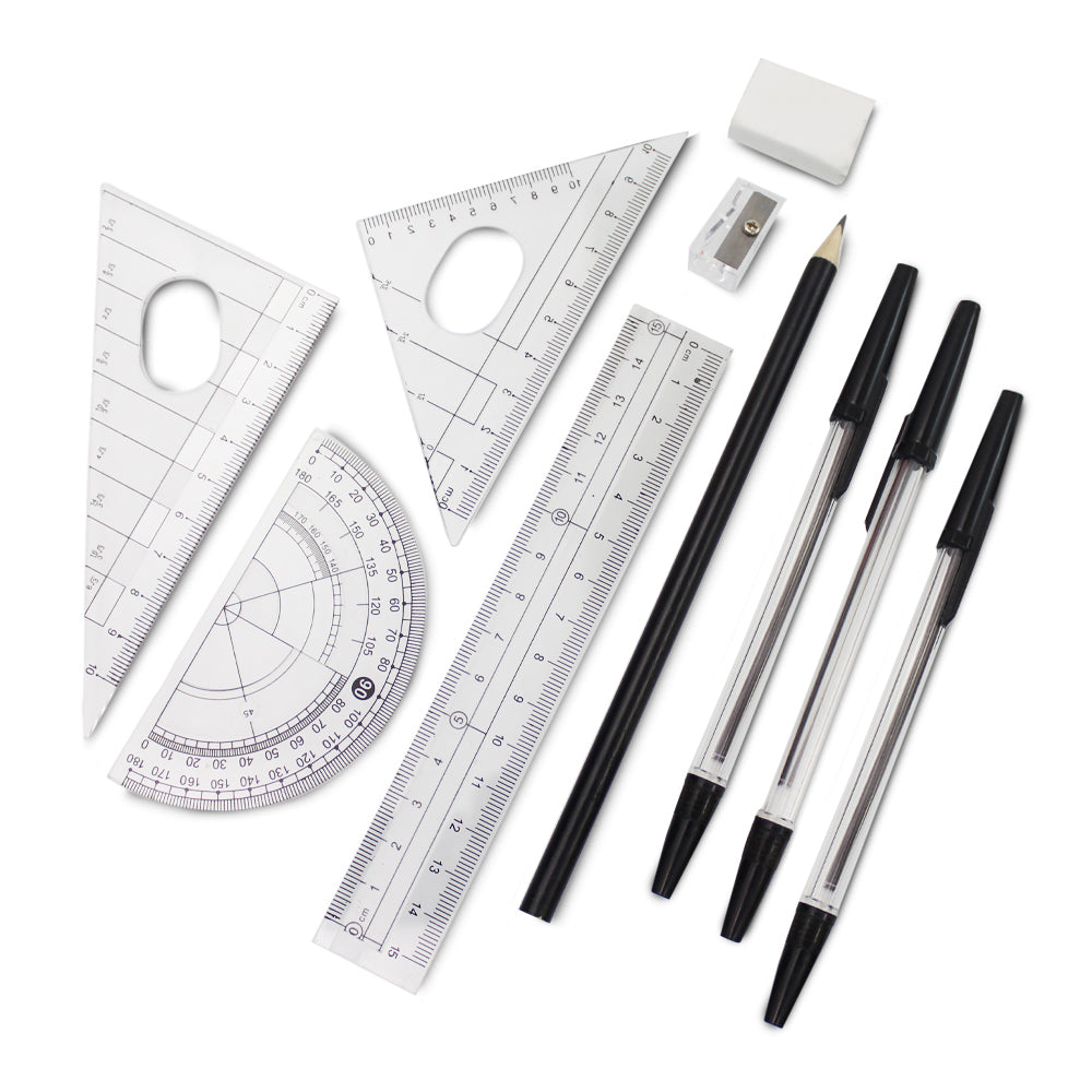 small clear exam pencil case and geometry set