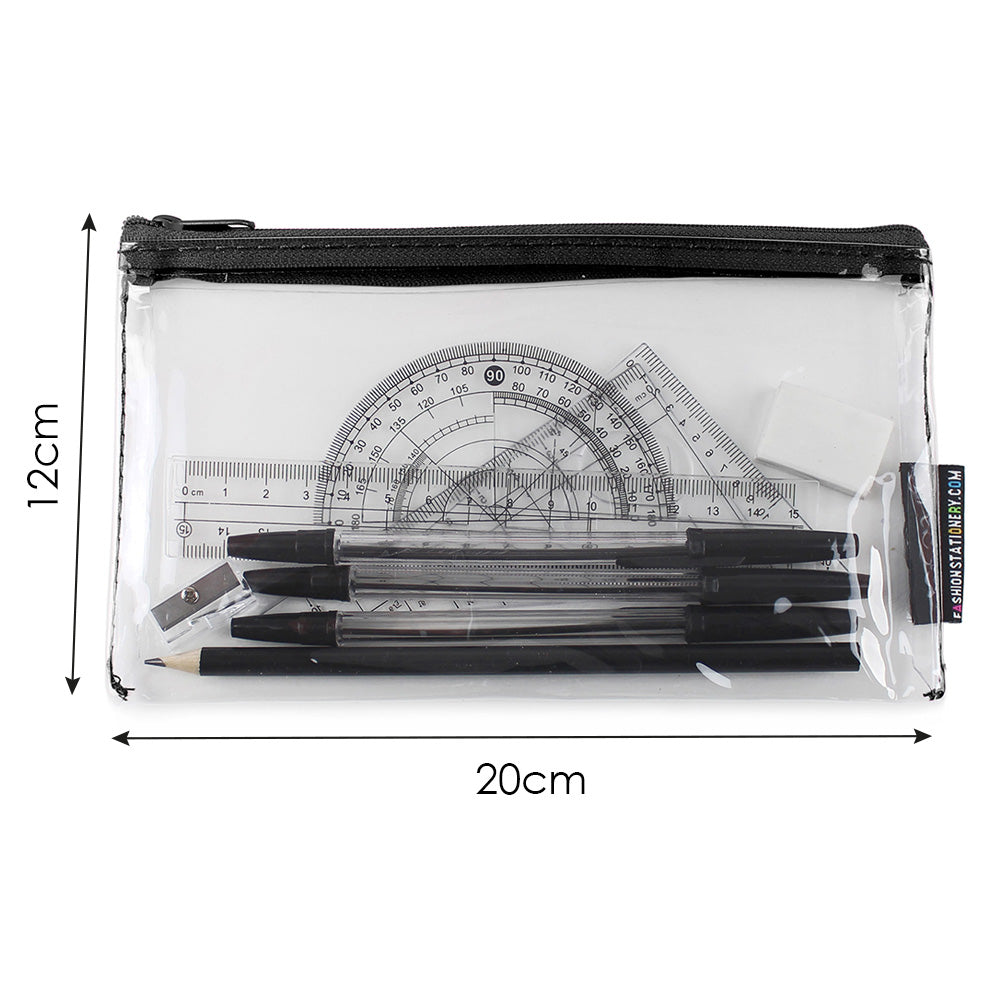 small clear exam pencil case and geometry set