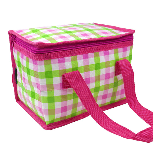 School Lunch Bag for Girls or a Picnic Foldable Pink and Lime Green Gingham Design 