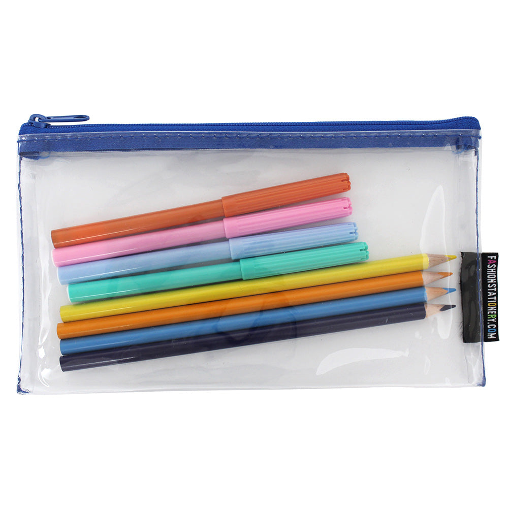 small clear flat exam pencil case blue zip