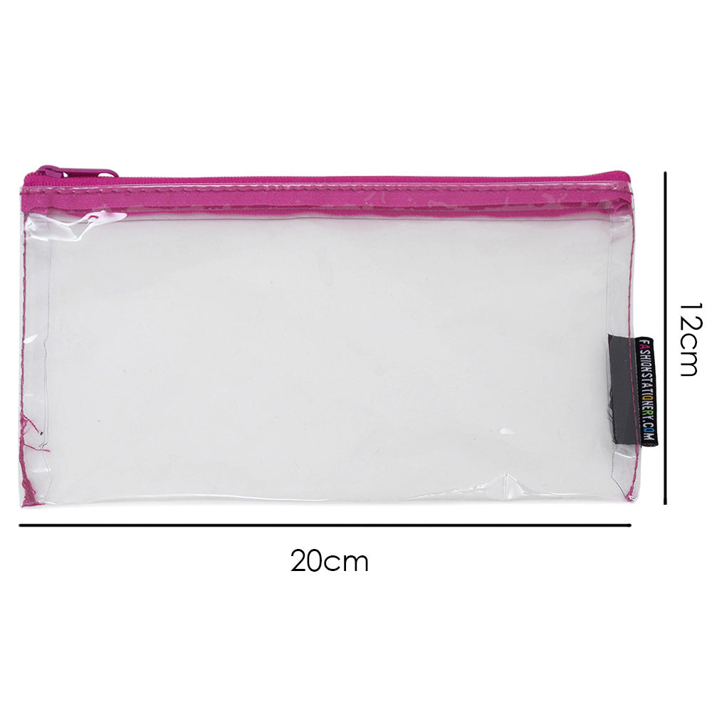 small clear flat exam pencil case pink zip