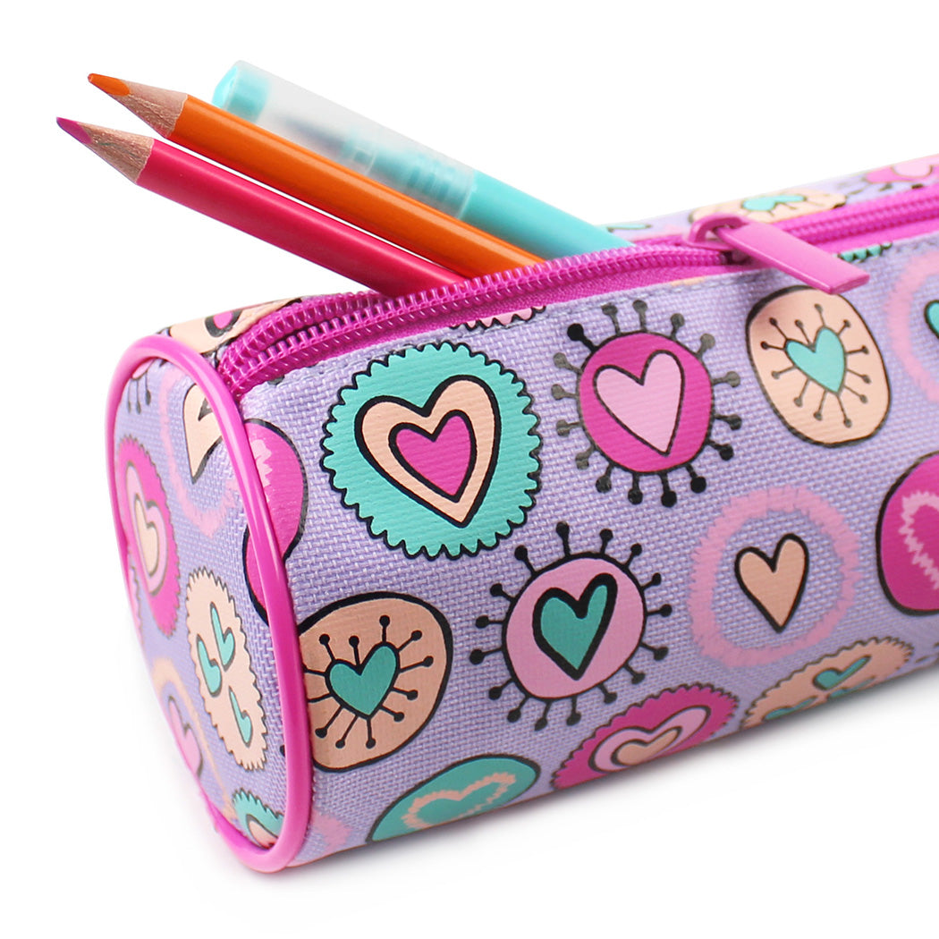 Lilac pink hearts barrel pencil case girls school