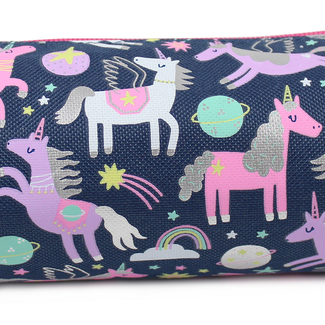 Navy pink unicorns barrel pencil case girls school
