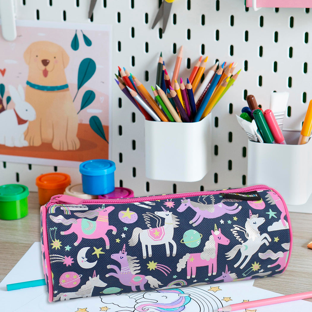 Navy pink unicorns barrel pencil case girls school
