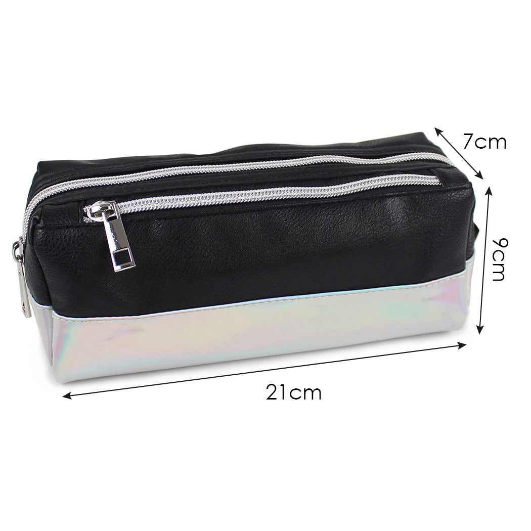 black large capacity pencil case iridescent panel 2 zips