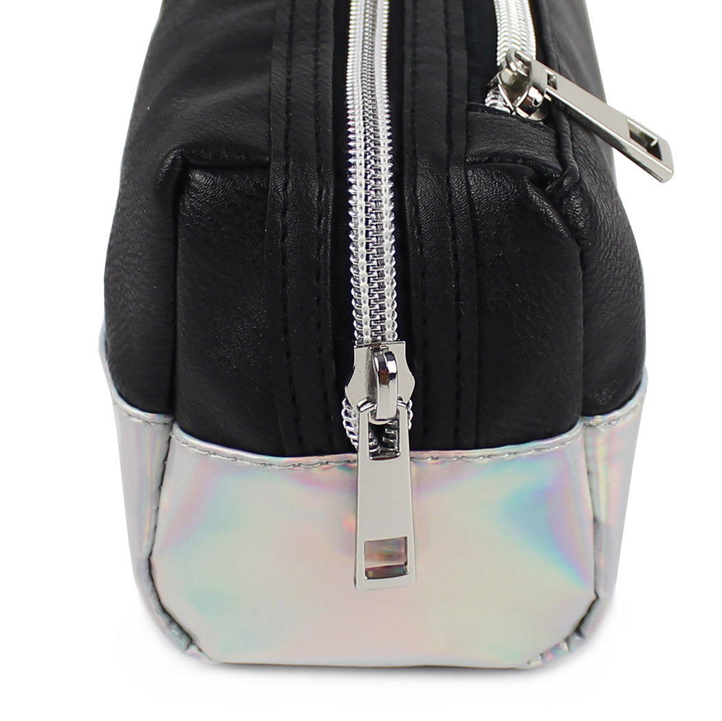 black large capacity pencil case iridescent panel 2 zips