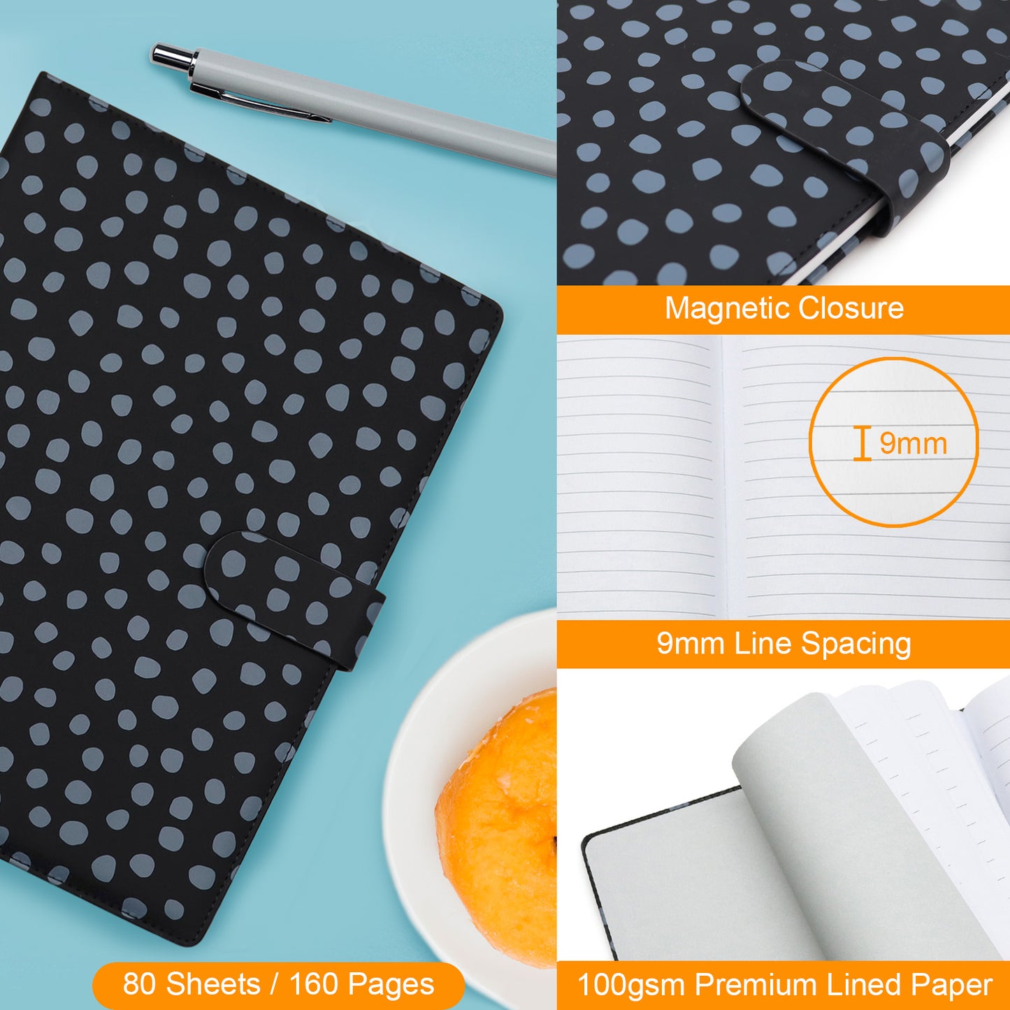 B5 Notebook Magnetic Closure Black with Grey Dots Line Note book for Students or the Office