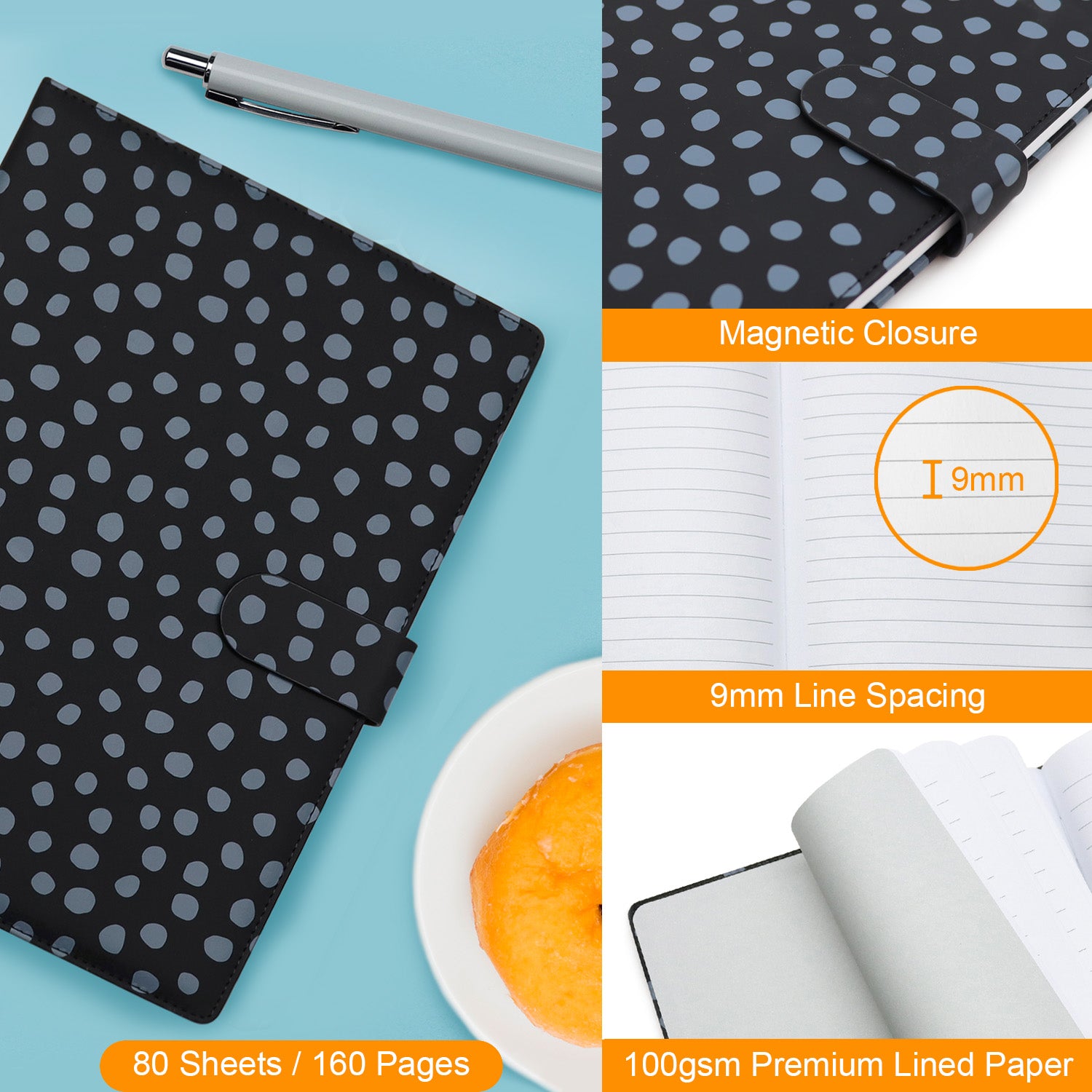 B5 Notebook Magnetic Closure Black with Grey Dots Line Note book for Students or the Office
