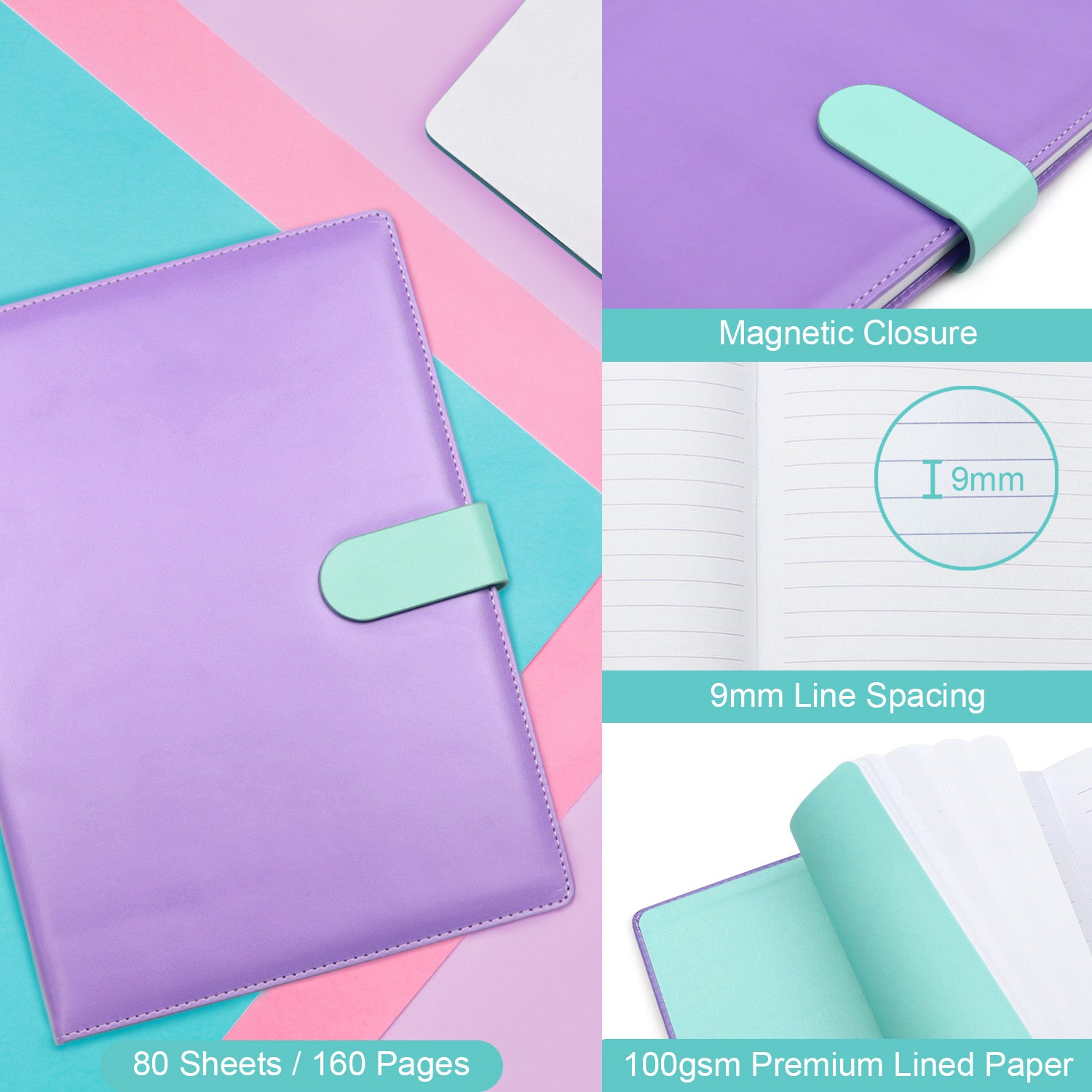 Lilac stationery notepad in a lilac soft cover with magnetic closure for school