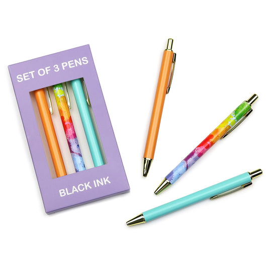 Pack of 3 Ballpoint Pens with Black Ink colourful bright retractable boxed pens