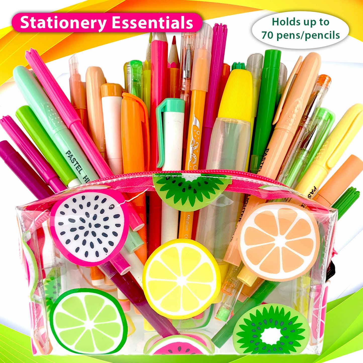 Girls Pencil Case for School Clear  PVC with Colourful Fruit Slices - Holds up to 70 pens 