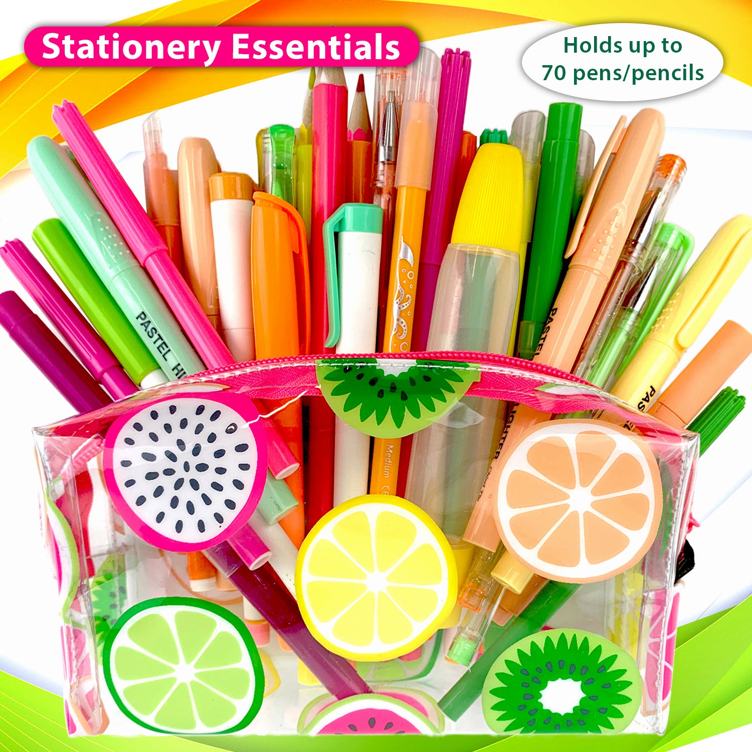 Girls Pencil Case for School Clear  PVC with Colourful Fruit Slices - Holds up to 70 pens 