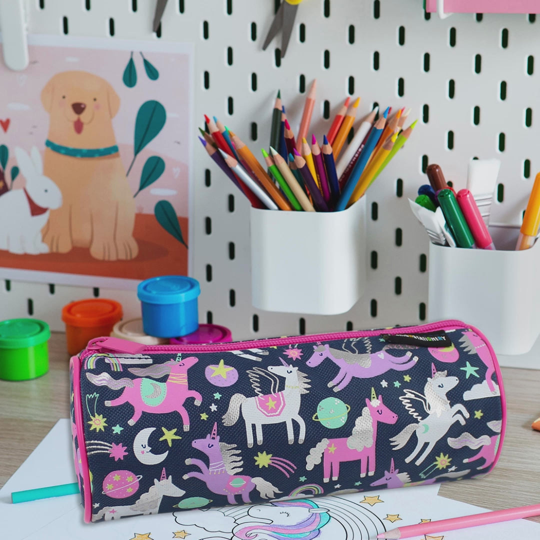 Navy pink unicorns barrel pencil case girls school