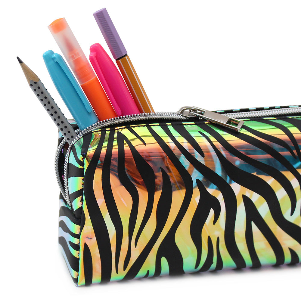 pencil case makeup bag women girls iridescent zebra 