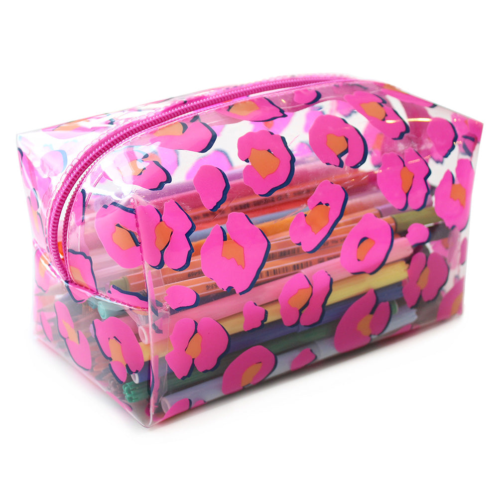 Large Clear Pencil Case Pink Leopard Makeup Bag Women