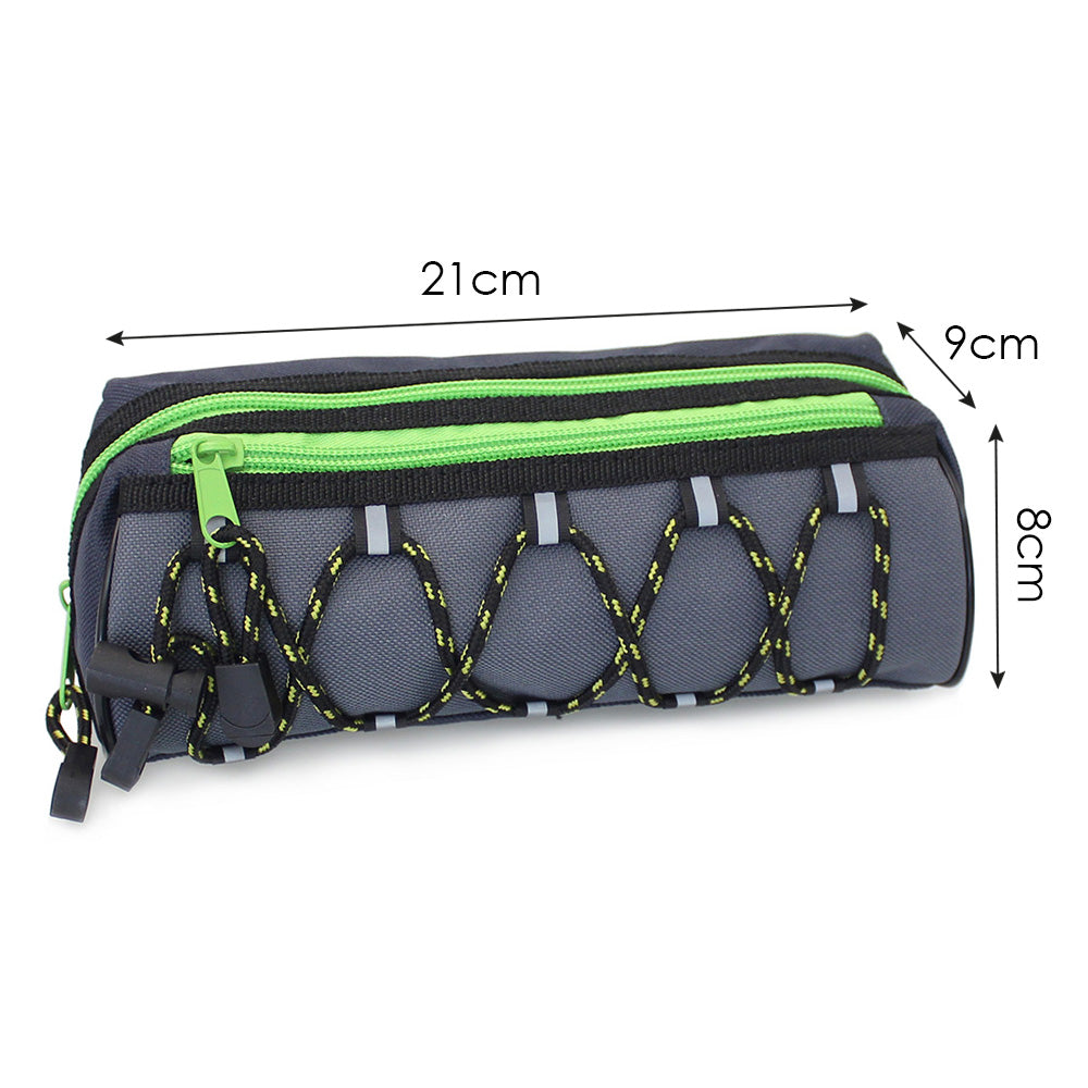 grey pencil case green 2 zips bungee cord boys girls